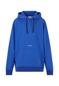 Hoodie bleu en tissu doux, avec une poche avant, une capuche à cordon, des poignets côtelés et un texte de logo blanc "LES'ARCS" sur le devant.