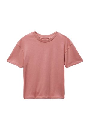 T-shirt à manches courtes en rose clair, fabriqué en coton doux, avec un col rond et une coupe décontractée. Design simple et sans couture, sans motifs.