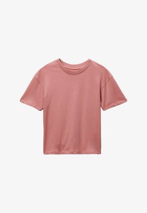 T-shirt à manches courtes en rose clair, fabriqué en coton doux, avec un col rond et une coupe décontractée. Design simple et sans couture, sans motifs.