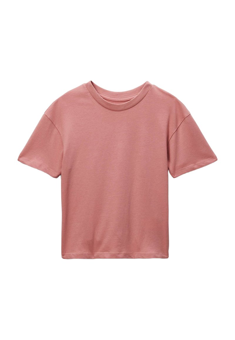 T-shirt à manches courtes en rose clair, fabriqué en coton doux, avec un col rond et une coupe décontractée. Design simple et sans couture, sans motifs.