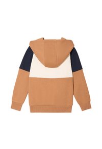 Braun und cremefarbener Kapuzenpullover mit einem Farbblockdesign und dunkelblauen Ärmeln, gerippten Bündchen und Saum. Weiche, gebürstete Textur.