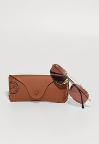 Ray-Ban slnečné okuliare v zlatom ráme s hnedými šošovkami ležiace na hnedom koženom puzdre Ray-Ban na bielej ploche.