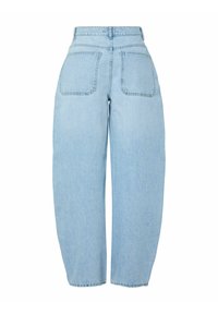 Hele sinised kõrge vöökohaga teksad, millel on lõdva lõikega sirged sääred. Omavad kahte tagataskut ja puhtaid ääri. Näha on teksariide tekstuuri.