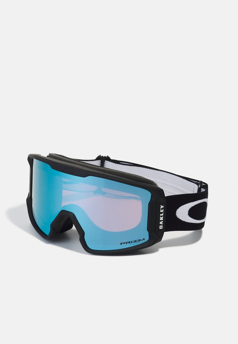 Zwarte skibril met blauwe gepolijste lenzen, een gestructureerd frame en een elastische band met het Oakley-logo. Ontworpen voor sneeuwsporten.