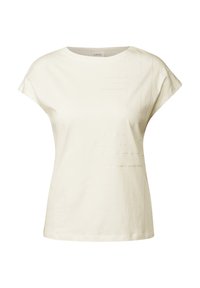 Cremefarvet bomulds T-shirt med korte ærmer, rund halsudskæring og subtile teksturdetaljer foran. Simpelt design.