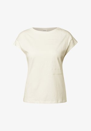 Cremfarbener Baumwoll-T-Shirt mit kurzen Ärmeln, rundem Ausschnitt und dezenten strukturierten Akzentdetails auf der Vorderseite. Einfaches Design.