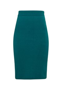 Fustă creion întinsă de culoare teal cu un elastic ripat la talie și o textură netedă, având o siluetă ajustată și un design până la genunchi.