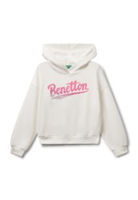Weißer Kapuzenpullover aus weichem Stoff mit einer Kängurutasche. Verfügt über das pinkfarbene "Benetton"-Logo auf der Vorderseite, elastische Bündchen und Saum.