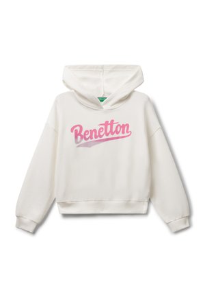 Biała bluza z kapturem wykonana z miękkiego materiału, z kangurkową kieszenią. Z przodu znajduje się różowe logo "Benetton", a także elastyczne mankiety i dół.