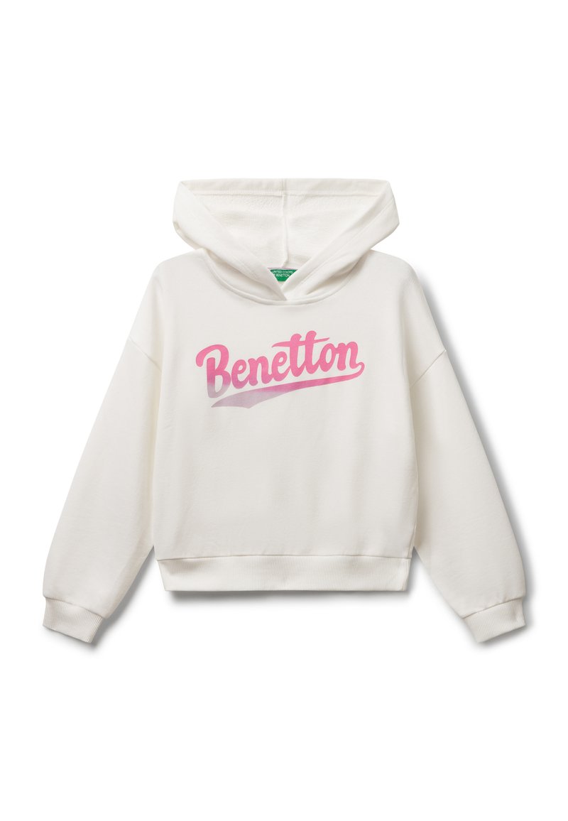 Weißer Kapuzenpullover aus weichem Stoff mit einer Kängurutasche. Verfügt über das pinkfarbene "Benetton"-Logo auf der Vorderseite, elastische Bündchen und Saum.