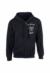 Sudadera con cremallera negra fabricada en una mezcla de algodón. Presenta un estampado del logo en la parte frontal y dos bolsillos laterales. Capucha con cordón y puños de canalé.