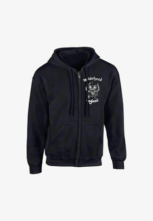 Felpa nera con zip realizzata in misto cotone. Presenta una stampa logo frontale e due tasche laterali. Cappuccio con cordino e polsini a coste.