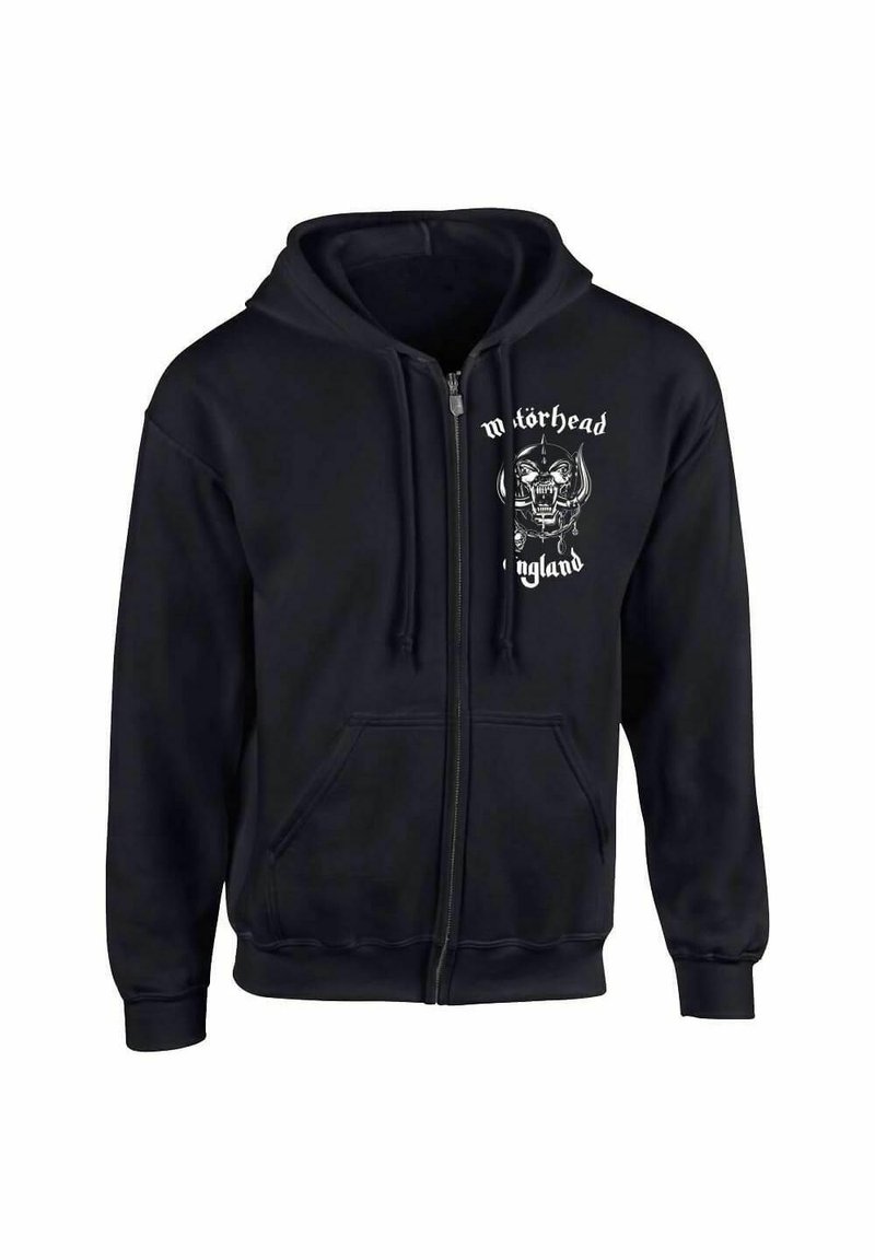 Sudadera con cremallera negra fabricada en una mezcla de algodón. Presenta un estampado del logo en la parte frontal y dos bolsillos laterales. Capucha con cordón y puños de canalé.