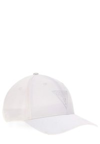 Casquette de baseball blanche avec une visière incurvée, en tissu texturé, et un logo triangulaire en relief sur le panneau avant. Sangle ajustable à l'arrière.