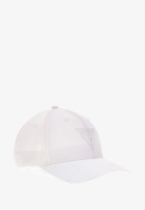 White baseball cap with a curved brim, textured fabric, and an embossed triangular logo on the front panel. Adjustable strap at the back.