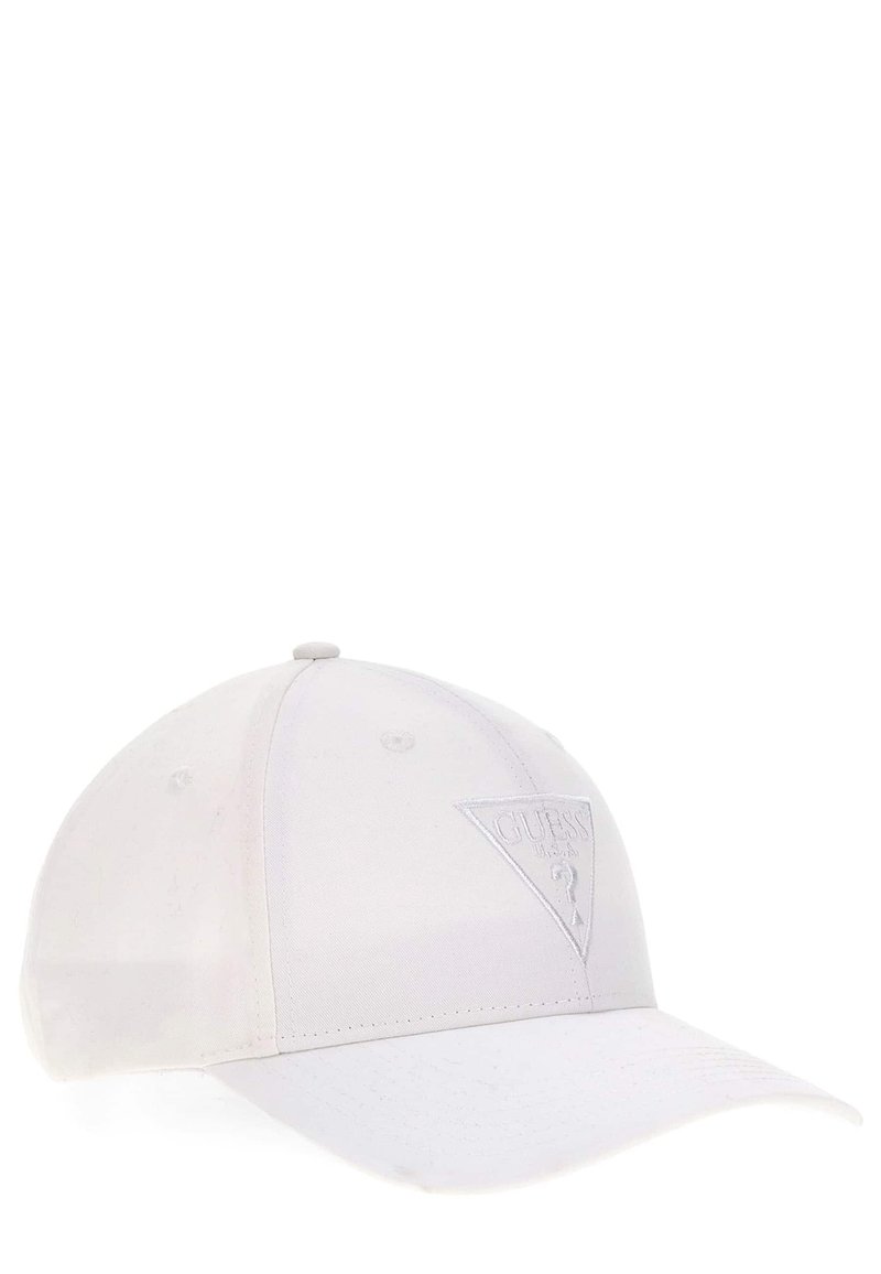 Casquette de baseball blanche avec une visière incurvée, en tissu texturé, et un logo triangulaire en relief sur le panneau avant. Sangle ajustable à l'arrière.
