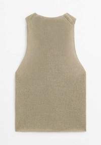 Beige knitted sleeveless top with a loose fit. Features a textured fabric and clean edges, providing a minimalist design.