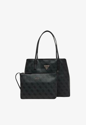 Sac fourre-tout en simili cuir noir avec motif embossé, arborant un logo triangulaire et une petite pochette assortie avec fermeture éclair.