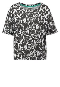 T-shirt nera oversize con stampa di lettere astratte bianche. Maniche corte, scollatura tonda e orlo dritto. Tessuto leggero.