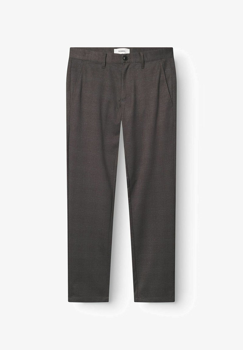 Pantalons gris ajustés avec un léger motif à carreaux, fabriqués à partir d'un tissu lisse, comportant des passants de ceinture, des poches latérales et une poche arrière unique.