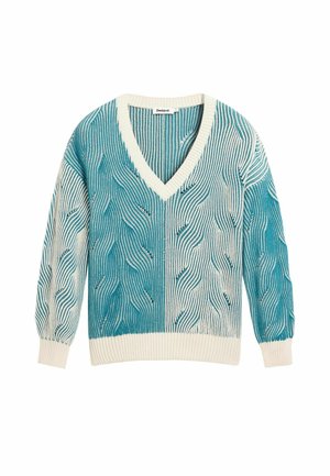 Maglione a V in maglia con strisce ondulate turchesi e bianco sporco, polsini, orlo e scollatura a coste.