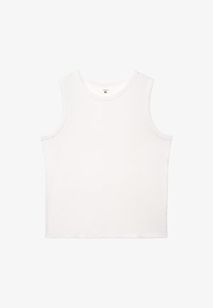 Biały prążkowany bezrękawnik z okrągłym dekoltem, rozmiar XL, metka widoczna wewnątrz kołnierzyka.