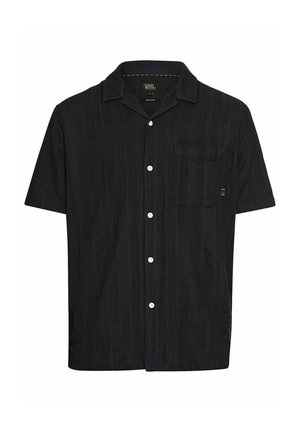 Short-sleeve black button-up shirt with a subtle striped texture, single chest pocket, and white buttons, featuring a classic collar design.