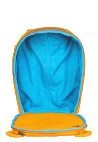 Orange backpack with a bright blue interior. Features a smooth exterior, zippered compartments, and a soft padded bottom.