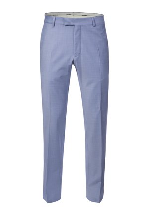 Pantaloni da uomo azzurri su misura, con passanti per cintura, cerniera frontale e piega su ogni gamba.