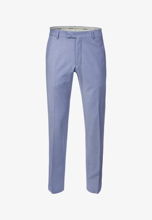 Light blue tailored men's dress trousers with belt loops, front zipper, and crease down each leg.