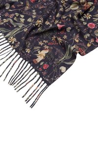 Floral patterned scarf in dark navy, made of soft fabric, featuring fringed edges and a variety of textured flowers and plants.