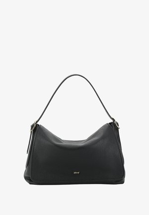 Borsa a spalla nera in pelle con finitura testurizzata, forma curvilinea e una sola maniglia. Presenta un accento con logo dorato sul davanti.