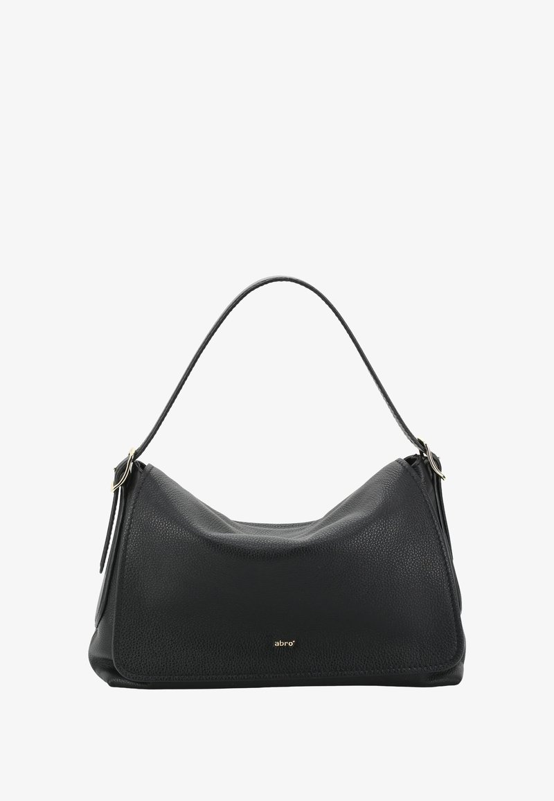 Borsa a spalla nera in pelle con finitura testurizzata, forma curvilinea e una sola maniglia. Presenta un accento con logo dorato sul davanti.