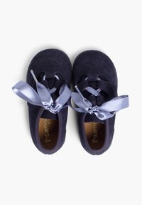 Scarpe scure in suede blu con punta tonda, caratterizzate da un design incrociato e lacci in raso di un blu chiaro. Sopra con texture e perforazioni.