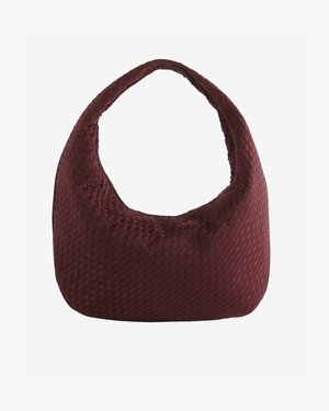 Maroon woven leather shoulder bag with a rounded shape and single strap, displayed against a white background.