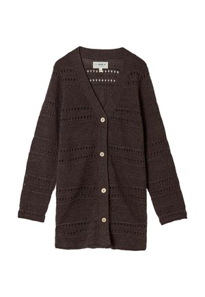 Sötétbarna kötött kardigán hosszú ujjal, V-nyakkivágással, négy gombbal az elején, mintás, nyitott kötésű csíkokkal.