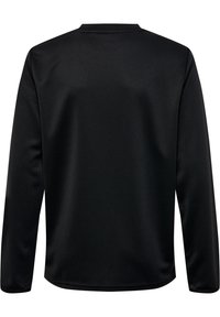 Camisa negra de manga larga hecha de tela suave. Cuenta con un escote redondo, un ajuste holgado y costuras sutiles en el dobladillo y los puños.