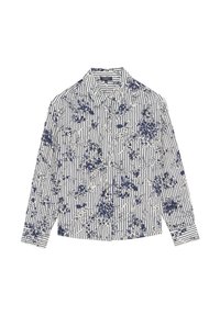 Langarmbluse mit einem marineblauen Blumenmuster auf einem weiß gestreiften Hintergrund, mit einem Button-Down-Kragen und umgeschlagenen Ärmeln.