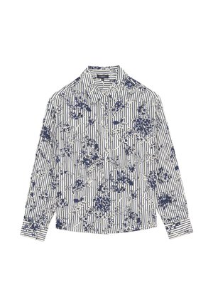 Blusa de manga larga con un patrón floral en azul marino sobre un fondo de rayas blancas, con un cuello tipo camisa y mangas abotonadas.