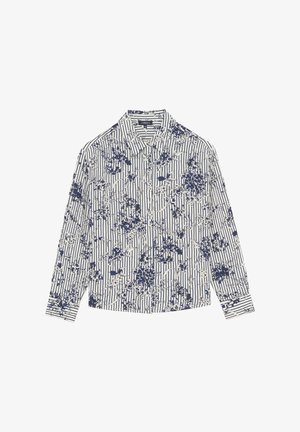 Blusa a maniche lunghe con motivo floreale navy su sfondo a righe bianche, colletto con bottoni e maniche con polsini.