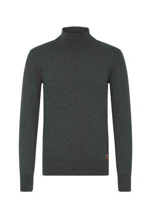 Dunkelgrauer Rollkragenpullover aus weichem Stoff, mit langen Ärmeln, gerippten Bündchen und einem kleinen Markenetikett am unteren Saum.