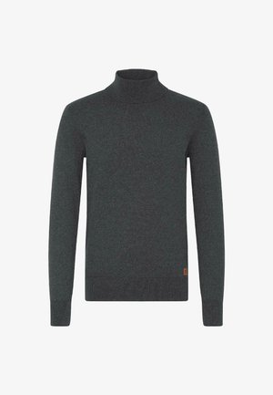 Dunkelgrauer Rollkragenpullover aus weichem Stoff, mit langen Ärmeln, gerippten Bündchen und einem kleinen Markenetikett am unteren Saum.