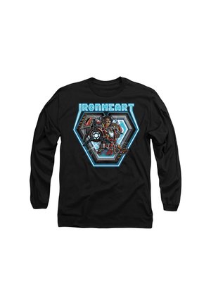 Long-sleeve black t-shirt featuring a colorful "Ironheart" graphic with a character in a mechanical suit and circular element, outlined in blue.