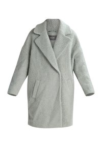 Cappotto oversize grigio chiaro realizzato in tessuto testurizzato, con colletto a punta, maniche lunghe, due tasche laterali e una vestibilità rilassata.
