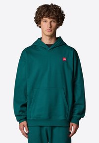 Sudadera con capucha color teal, hecha de tela suave y duradera. Cuenta con un bolsillo frontal tipo canguro y un pequeño logo rojo en la parte superior izquierda. Corte relajado.