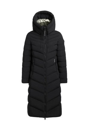 Manteau d'hiver noir long et matelassé avec capuche, présentant un motif en chevrons, une fermeture éclair intégrale et une doublure brillante argentée à l'intérieur.