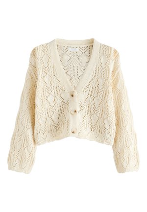 Kremfarvet strikket cropped cardigan med V-udskæring, tre knapper, ballonærmer og indviklet hulmønster.
