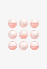 Neuf contenants ronds disposés en grille, présentant un extérieur rose brillant, étiquetés "Abib 100% Collagen Lip Mask" en texte blanc.