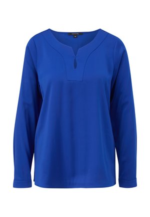 Blue long-sleeve blouse with a deep V-neckline, featuring a small keyhole detail at the collar, made from smooth fabric with no patterns.