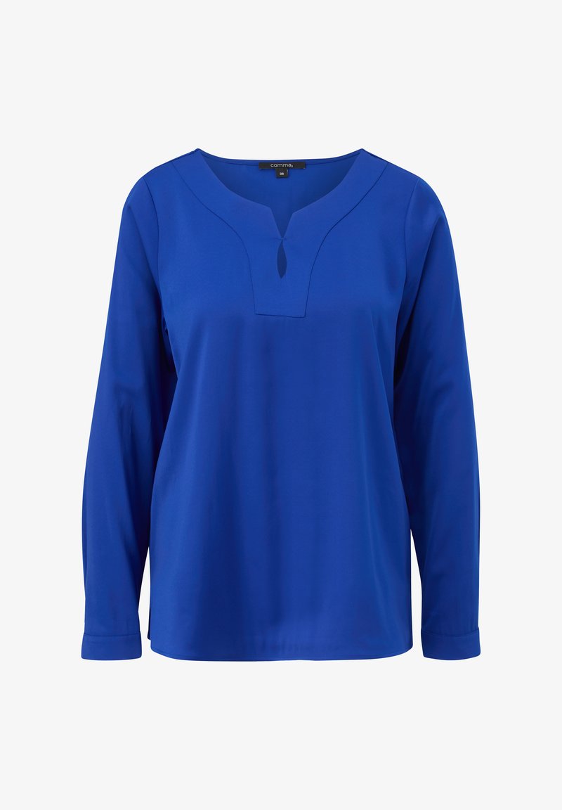 Blue long-sleeve blouse with a deep V-neckline, featuring a small keyhole detail at the collar, made from smooth fabric with no patterns.